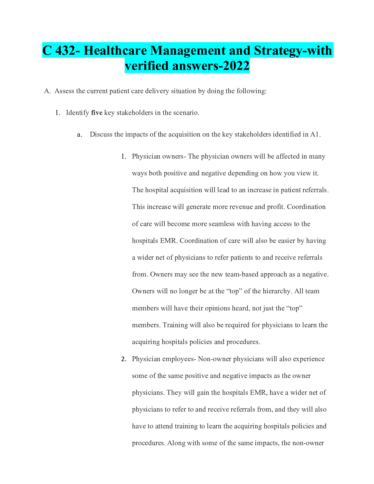 Preview of C 432- Healthcare Management and Strategy-with verified answers-2022